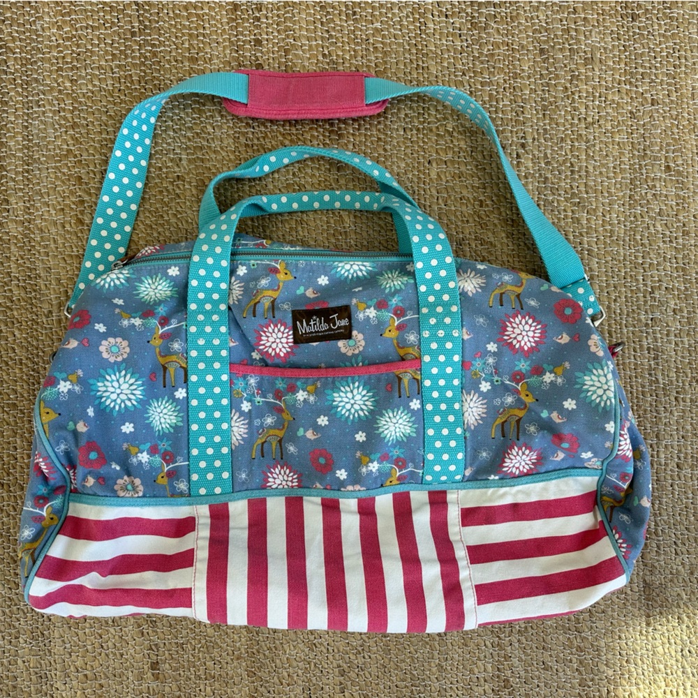 Matilda Jane winter fawn deer floral and‎ Pink Striped duffle travel Bag